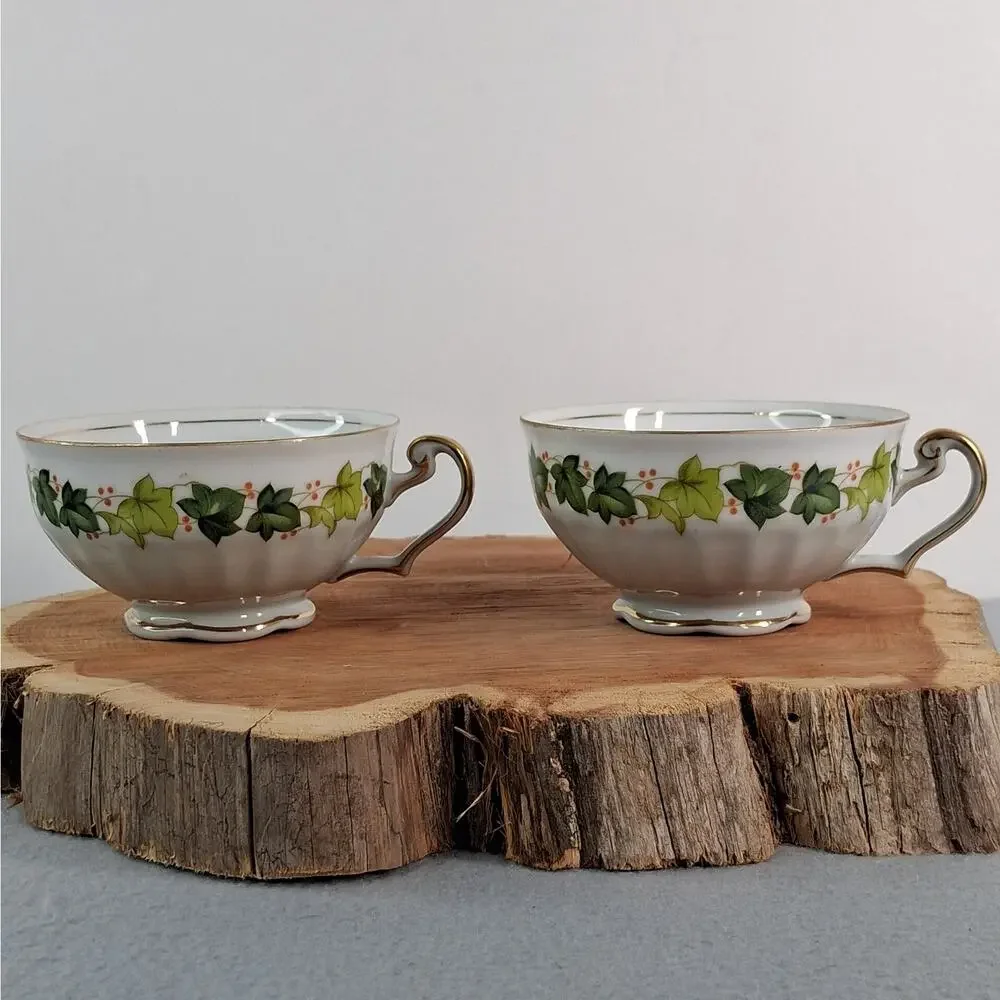 2 Vintage Regal China Lawndale Pattern Teacups Green Ivy Gold Trim Porcelain